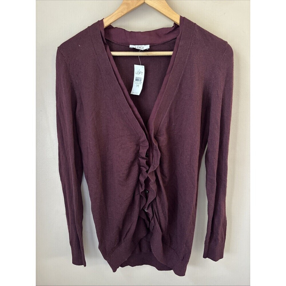 LOFT Women’s Medium Maroon Ruffle Cardigan Knit Sweater